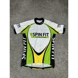 Jakroo Cycling Jersey Mens Medium White Green Full Zip Short Sleeve Spin Fit